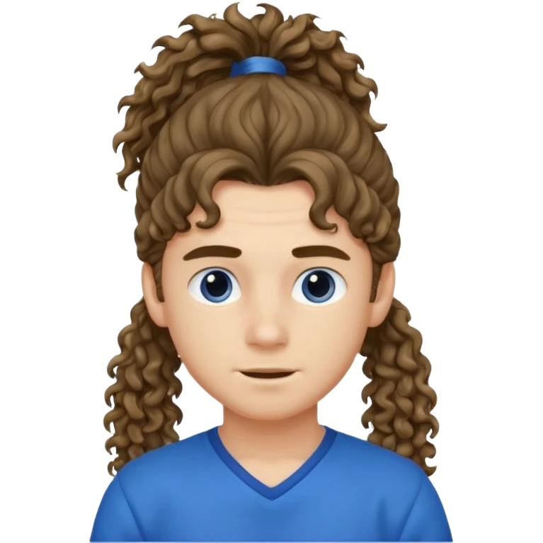 یه پسر با موهای  بلند و فرفری با لباس ابی موهاش رو دُم اسبی  بسته باشه emoji