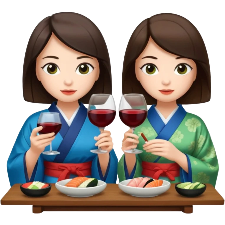 Two brunette girls eating sushi and drinking wine, first girl has a blue kimono and the second girl has a green kimono emoji