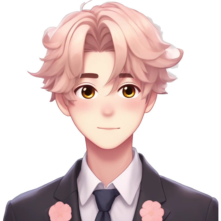 Gorgeous romantic hot attractive anime style modern gentlemanly anime shojo guy with pretty hair and flower petals and blushing face aesthetic trending style  pastelcore cottagecore kawaiicore emoji