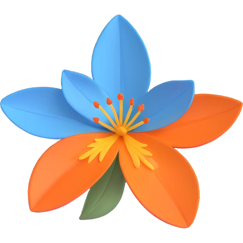A trillium flower with three petals in orange, gray, and blue colors emoji