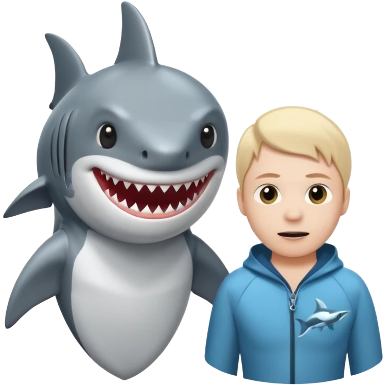 A shark looking at a person, but not in the water and the shark is actually a person emoji