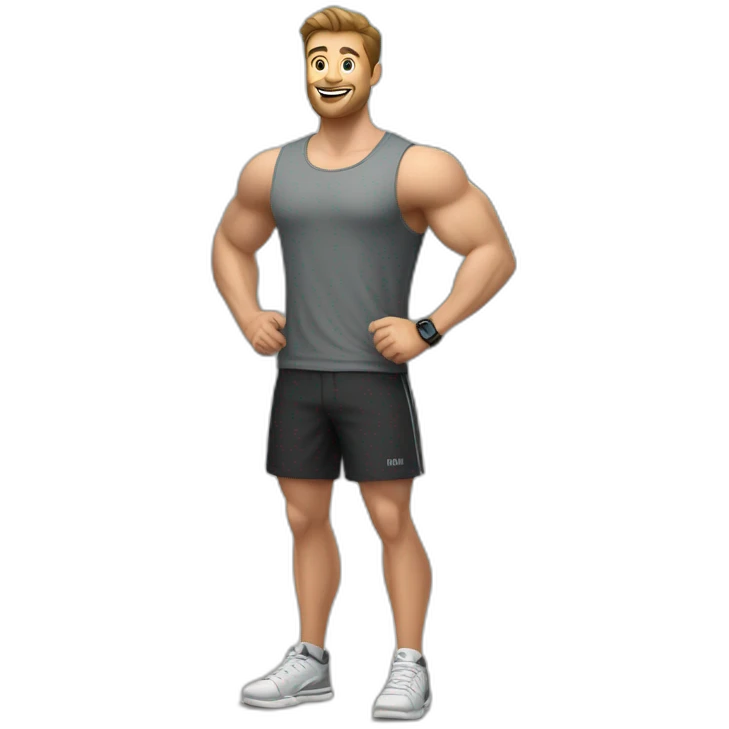 Full height realistic Actively gesturing with hands Pale skinned Fit Man With the biceps and brown hair in dark gray Sleeveless Mike, black oversize sports shorts, watch and white Sneakers emoji