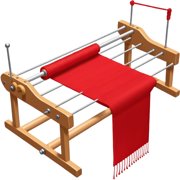 rigid heddle weaving loom set up for weaving a bright red scarf, with red yarn on a stick shuttle laying across the warp threads emoji