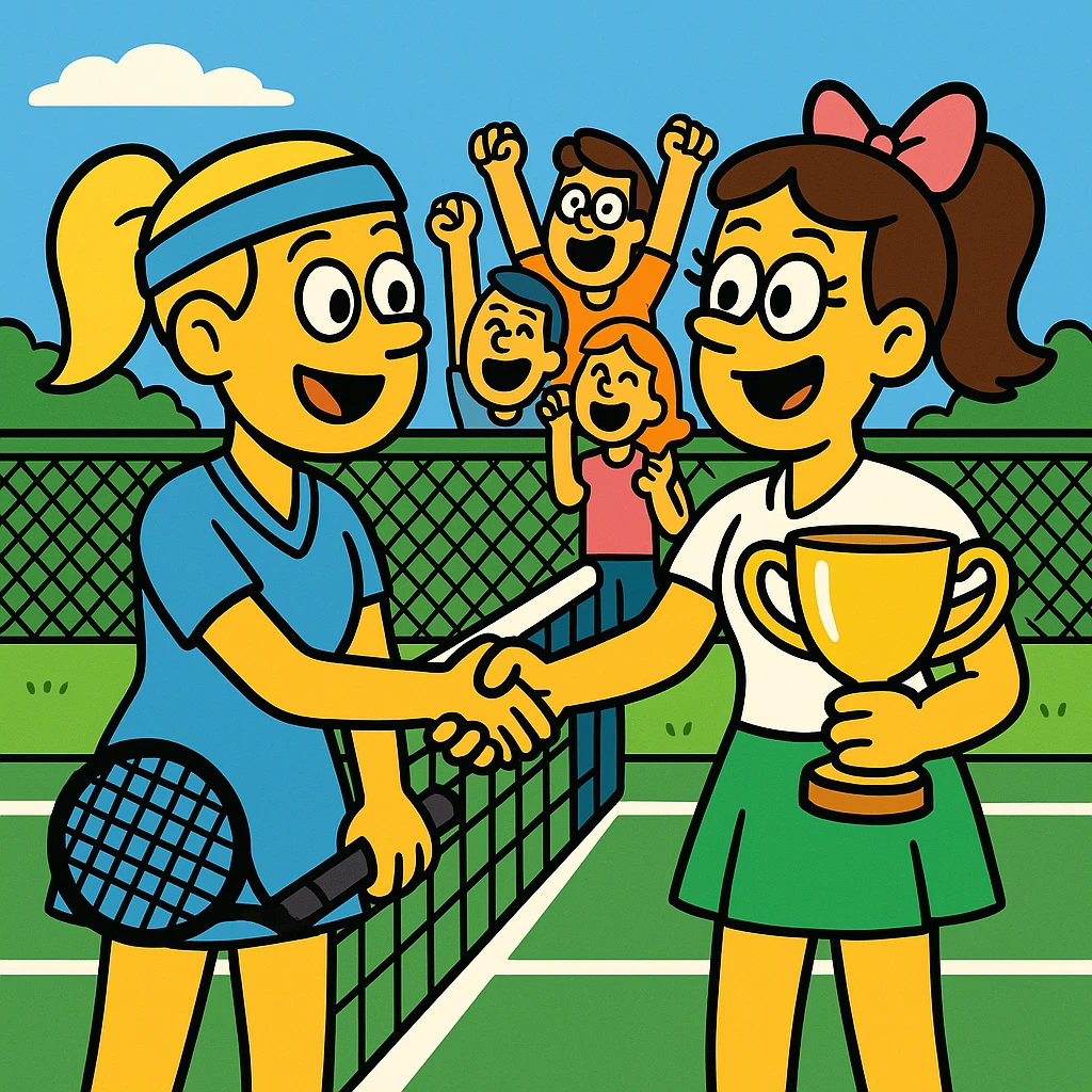  2 female tennis players standing on closed tennis courte. Congratulating each other shaking hands and smiling, one of them is holding a cup for winning. At the background the spectators cheering emoji