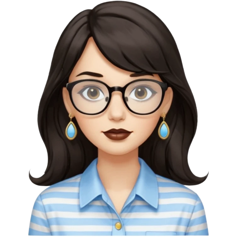An emoji featuring a woman with long wavy dark brown hair and a whispy bang, wearing thick black square glasses, gold drop earrings. She has long lashes and a nude browny glossy lipstick. She's wearing an oversize light blue shirt with white vertical strips. emoji