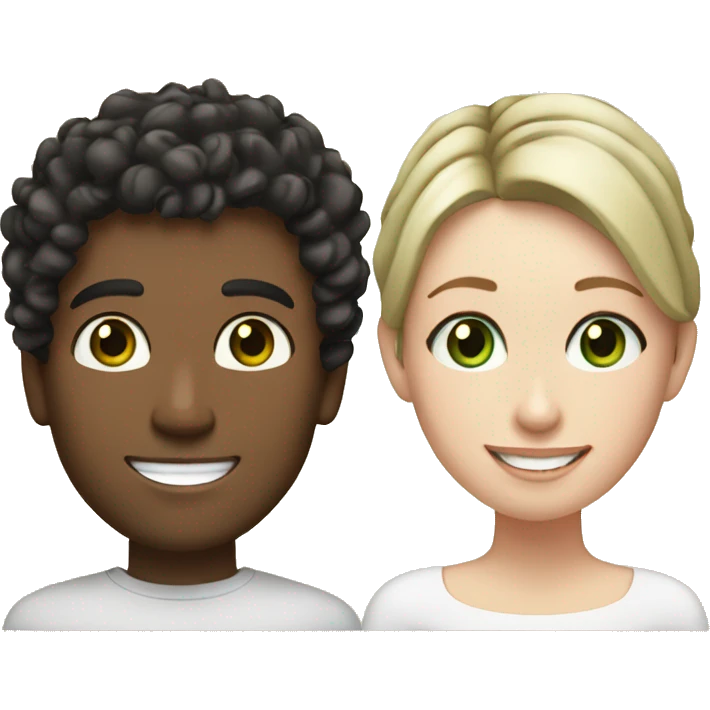 Hispanic male with black curly hair and brown eyes smiling next to white female with straight brown hair and green eyes emoji