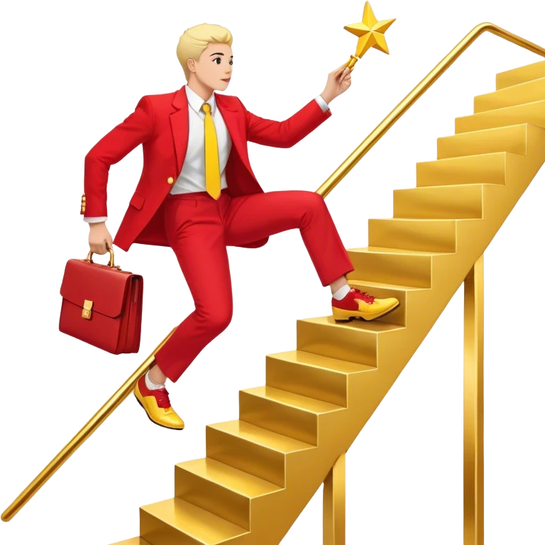 "A professional human figure dressed in a red and yellow business suit, confidently climbing a staircase made of progress bars or career-related icons. The figure’s outfit consists of a red blazer with yellow accents, red trousers or a skirt, and polished yellow shoes. A bright upward arrow (📈) is beside them, symbolizing growth and success. The person carries a red briefcase (💼) with golden details in one hand, while the other hand reaches toward a shining gold star (🌟), representing ambition and achievement. The background is plain white, with a clean, modern business-themed design. emoji