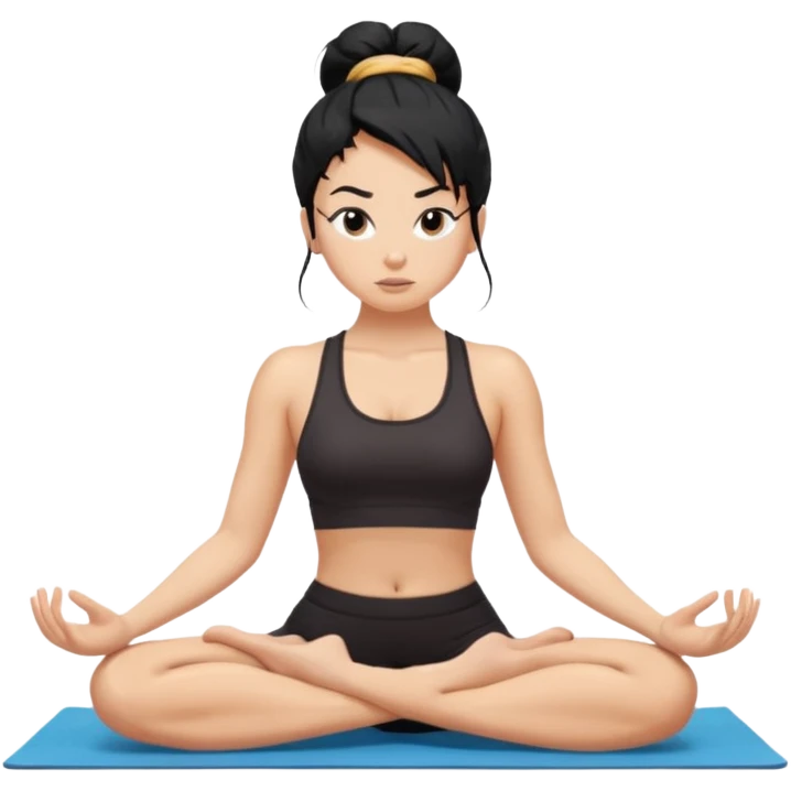 white girl with black long hair in a messy bun doing difficult yoga emoji
