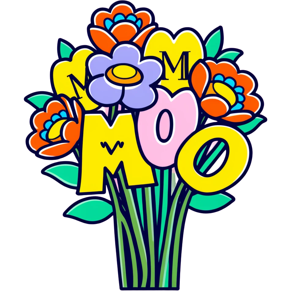 Mother's Day sticker, bouquet of flowers with 'Mom' text, colorful, cartoon style emoji