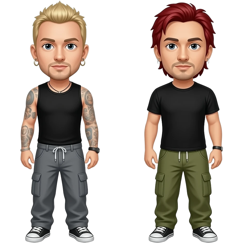 Linkin Park with Chester with blonde hair, black sleeveless shirt and gray baggy pants, Mike with red hair, black T-shirt and olive baggy pants emoji
