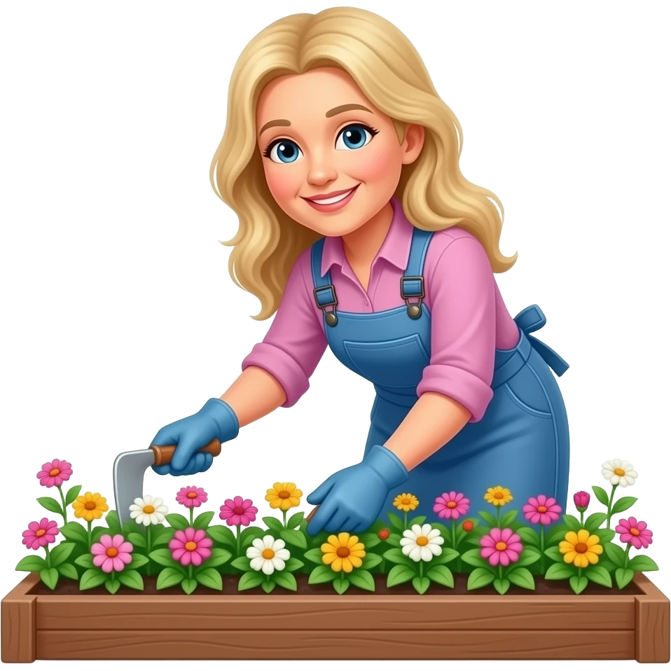 50 year old long blonde hair woman working in flower bed emoji