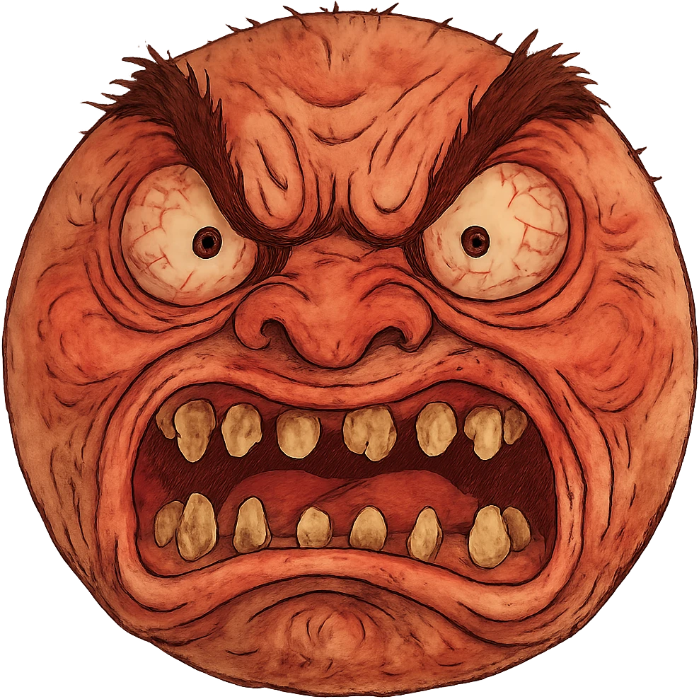 ghibli style ugly rage emoji with grotesque, exaggerated features emoji