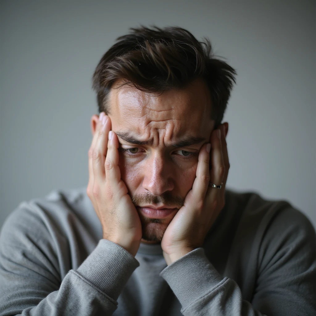 realistic 30-year-old man suffering intense anxiety, sweat on forehead, hands nervously clasped, glossy eyes, minimalist background emoji