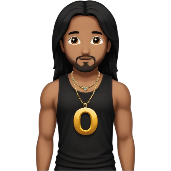 Omarion medium dark skin, long black hair, black tank top with necklace with letter o emoji