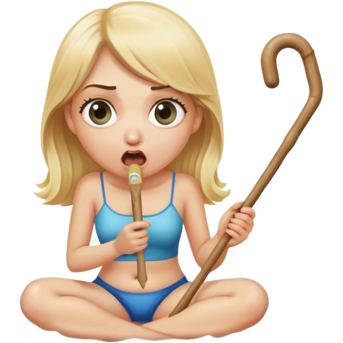 blond woman sitting on her knees with wide eyes, holding a wide skin-colored stick with a D-shaped knob, the stick and the nob have skin texture, water squirting from the knob into her mouth, shocked face emoji