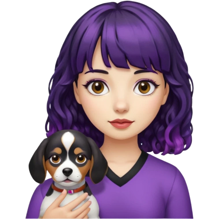 Girl with black curly hair with purple roots and blunt bangs holding a beagle emoji