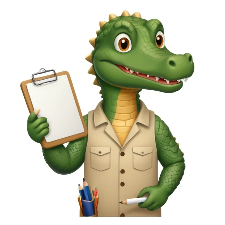 A gator with a clipboard and a pencil, offwhite background emoji