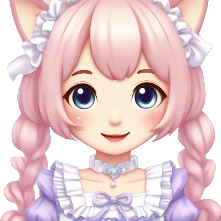 Gorgeous anime style catgirl blushing face maid outfit Lolita idol model colorful shiny sparkle kawaii pastelcore cottagecore pearly petite simplistic aesthetic trending style emoji