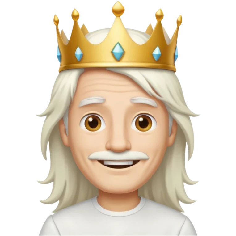 a smiling man with long white hair and has no beard wearing a white smart shirt and a crown emoji