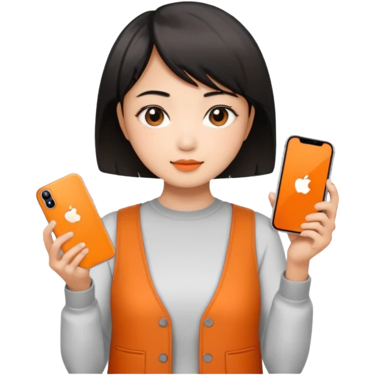 Asian girl with short hair girl holding iphone 17 pro orange emoji