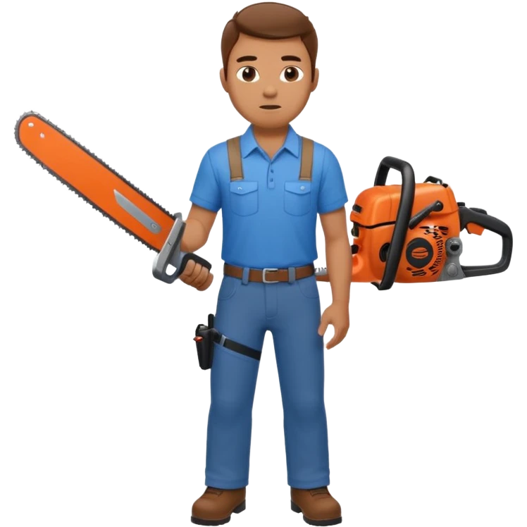 A man with a blue shirt and brown pants holds a chainsaw and a shotgun  emoji