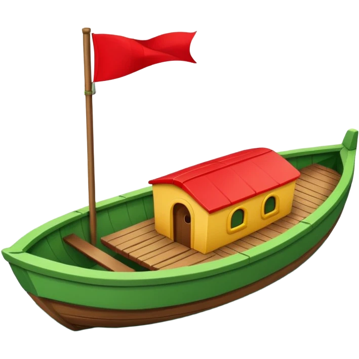 green boat in cartoon having a small place to live and a small red flag on it emoji