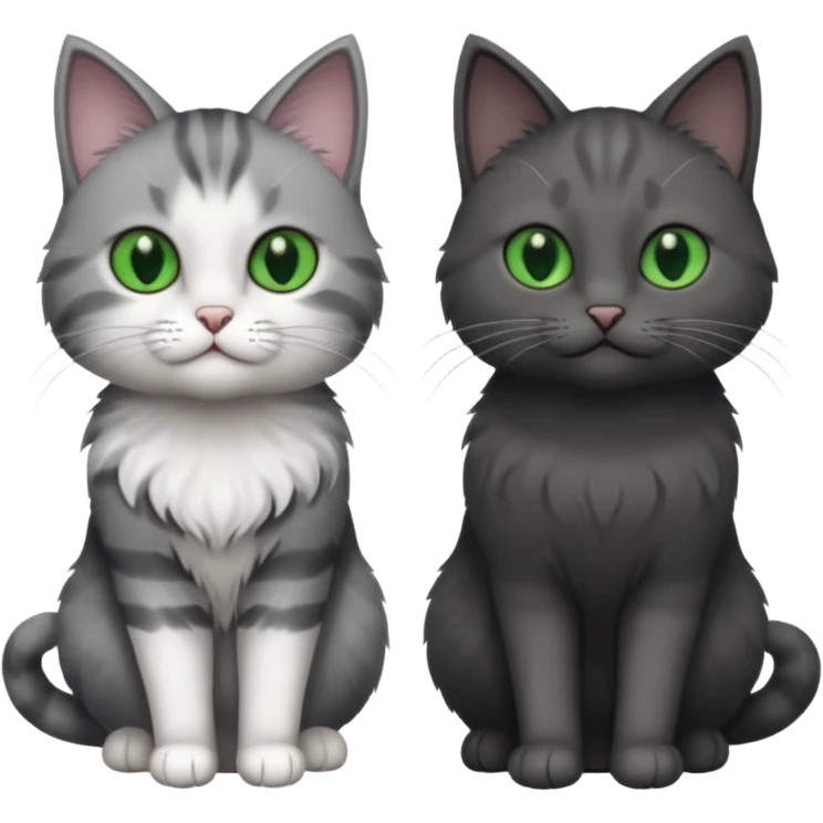 2 different coloured grey cats including one dark grey and white cat and one completely solid dark grey cat with green eyes and only white paws emoji