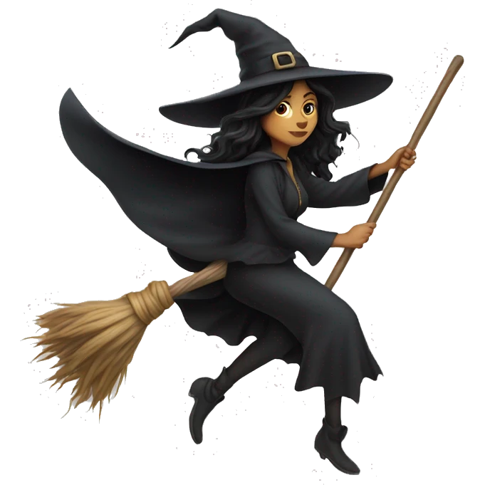dark long hair witch flying on a broom white skin emoji
