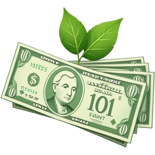 Minimal line-art icon of a money bill with a leaf symbol on the corner, clean modern style, simple outlines, slight 3D, no background, transparent, represents pure and ethical income. emoji