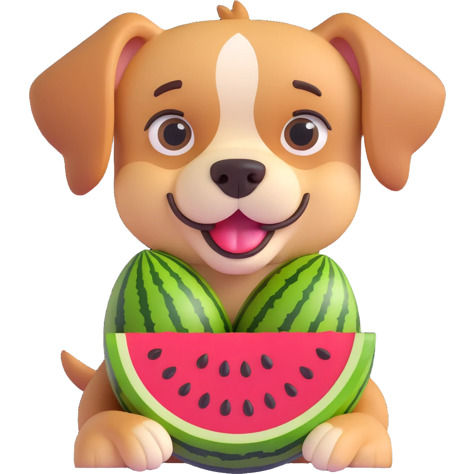 dog with brown eyebrows holding a watermelon emoji