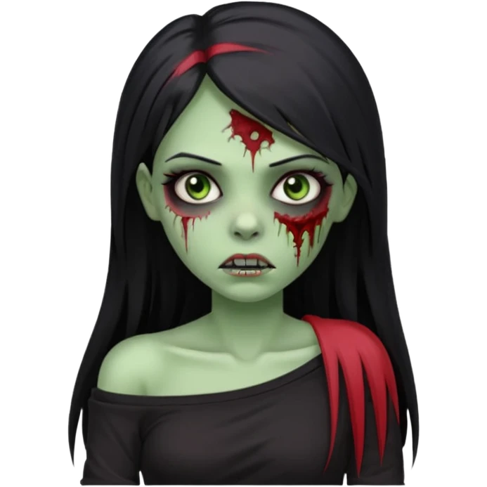 Garota zumbi com cabelo todo preto liso longo e mechas vermelhas na lateral da cabeça dos dois lados, usando uma blusa com um lado da manga caida preta  emoji