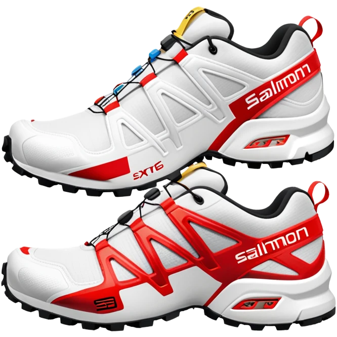 White Salomon XT-6 shoes with the signature colored speedcross stripe running through the middle, red Salomon logo stripe, one shoe behind the other, iOS emoji style, rest of the shoe pure white emoji