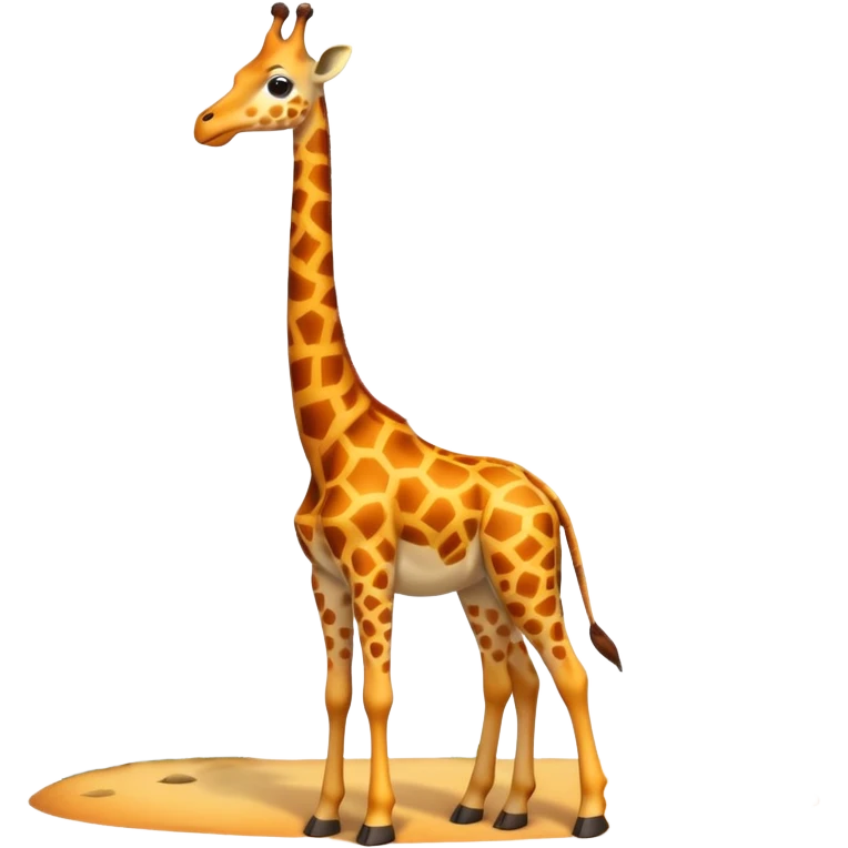 A tall 3D cartoon giraffe with orange and brown spots, long neck, small horns, and friendly eyes, standing in a sunny savanna, soft warm lighting, Memoji-style rendering. emoji
