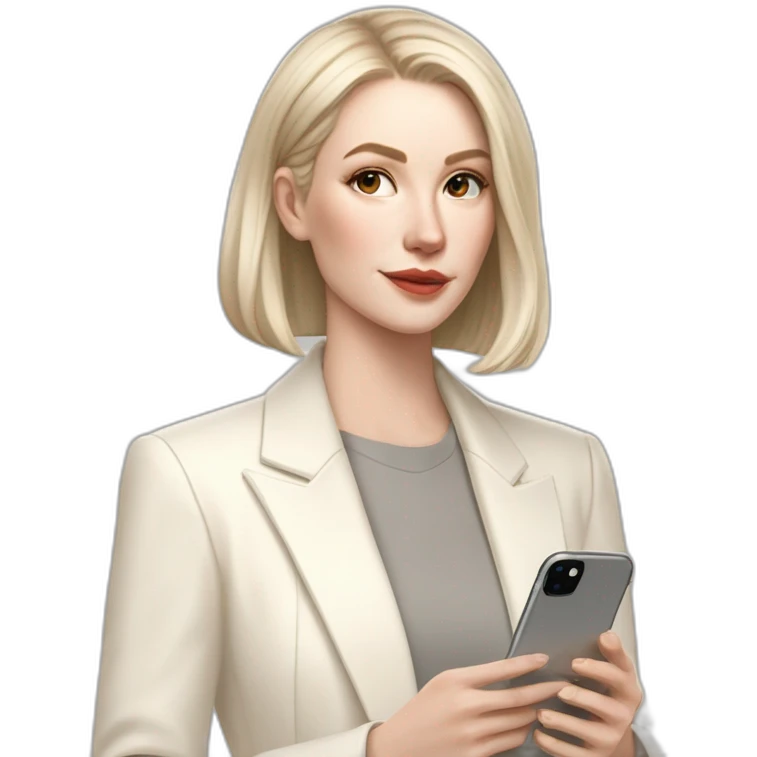 pale skin woman with ash blonde Straightened bob Hair, White Spacious classical jacket, beige palazzo Arrow pants and gray blouse holding white IPhone 15 pro in the hands emoji