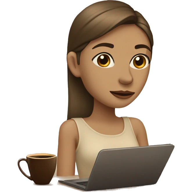 Half face of a girl at the laptop. A a cup of coffee on the left side of the table. Books on the right side. in beige tones emoji