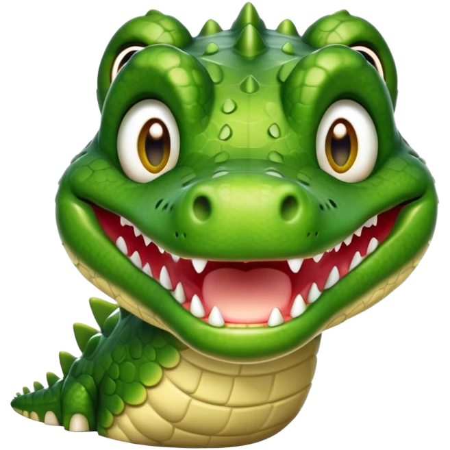 Cinematic Realistic Cute Crocodile Portrait Emoji, Head tilted playfully and inquisitively, featuring a robust, well-defined build with intricately detailed, glossy olive-green scales and a surprisingly endearing face with round, sparkling eyes full of unexpected charm, rendered with lifelike texture and natural highlights, high shine, affectionate and spirited, styled with a touch of wild whimsy, soft glowing outline, capturing the essence of a mischievous yet lovable crocodile that seems poised to snap playfully out of the screen into your arms! emoji