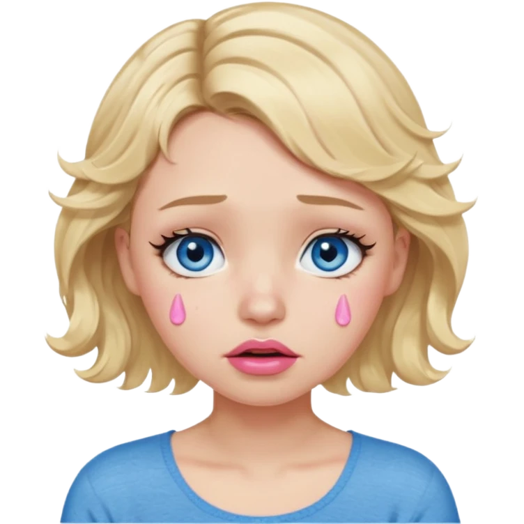 Girl Blonde short wavy hair,  blue eyes, cute blue top, long lashes, pink lips,crying with big tears running down the face  emoji