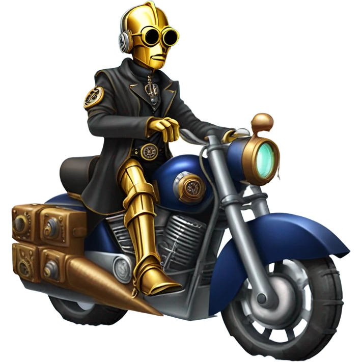 Bounty hunter C-3PO wearing a pair of navy-blue rimmed steampunk goggles, hat, leather chaps, fringe jacket riding a fast 3 wheeler trike steampunk motorcycle on ice  emoji
