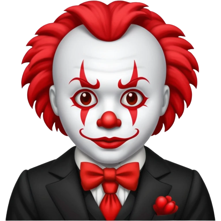Crea un payaso que tenga toda la cara absolutamente toda la cara blanca, junto con la parte del pelo que sea blanco, pero que no tenga pelo con unos cuernos negros y que tengo un traje de payaso negro con rojo emoji