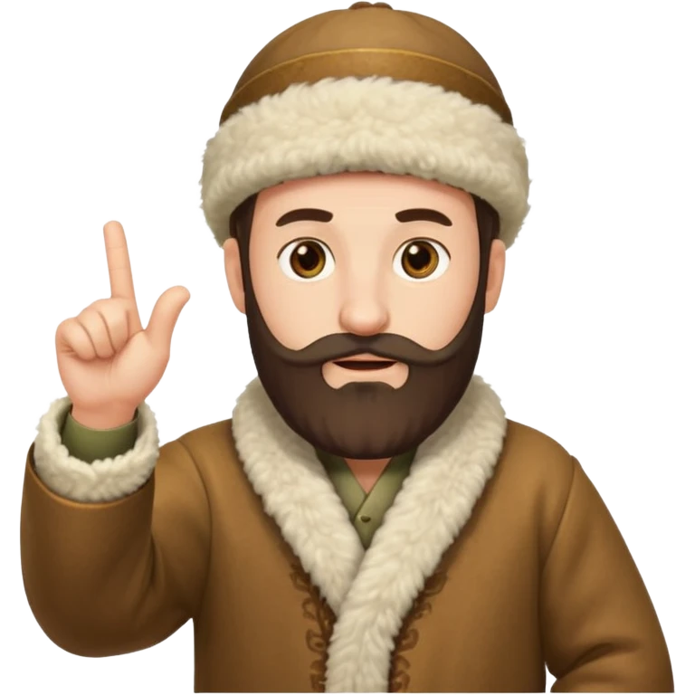 Create an emoji-style illustration of a Caucasian man from the Caucasus region, wearing a traditional woolen papakha hat and a robe made of sheepskin. He has a thick beard and is pointing one finger upward. The style should be simple and expressive, like an emoji. emoji