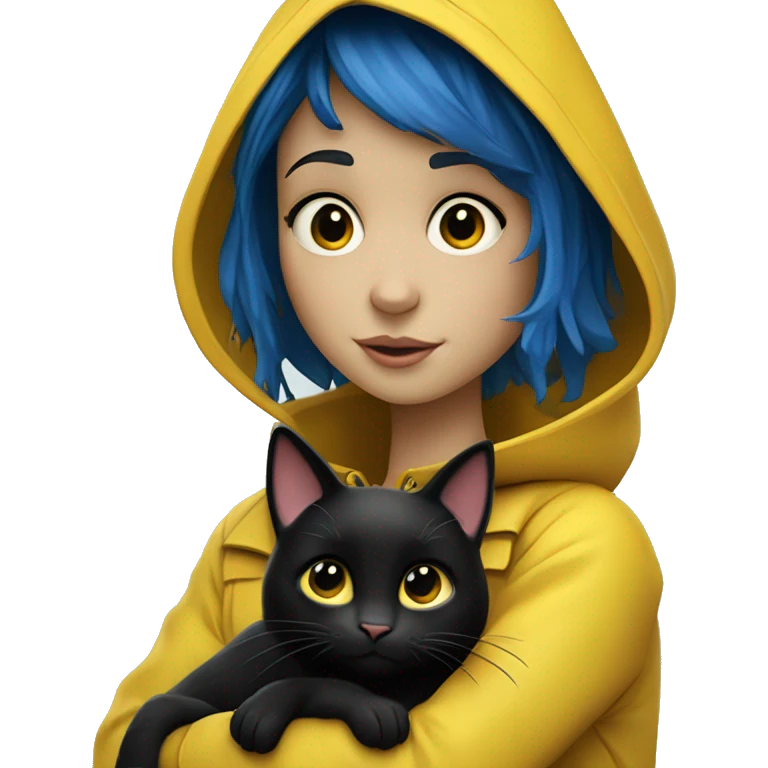 Coraline Jones 	•	“A brave young girl with short blue hair, wearing a yellow raincoat, jeans, and rain boots, holding a black cat, with a curious and adventurous expression.” emoji