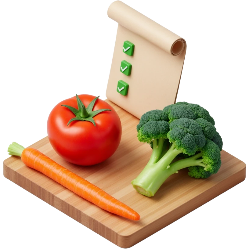 carrot tomato brocoli on the wooden cutting board with floating rolled paper list with green checkboxes emoji
