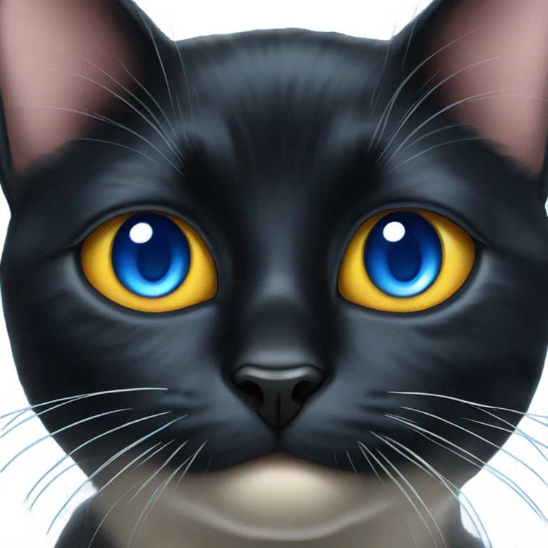 realistic black cat portrait with one eye blurry and blue emoji