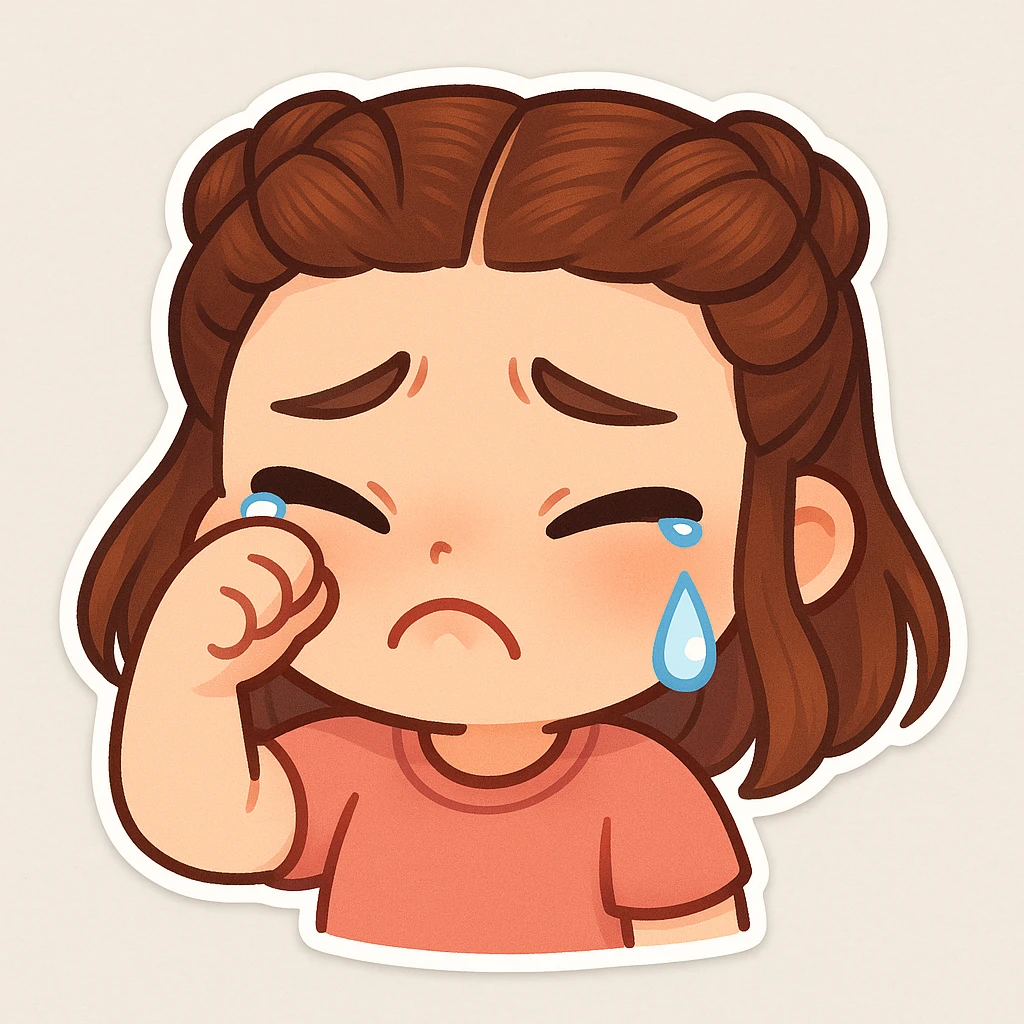 Create a chibi sticker of the girl from the reference image, crying with a pouty face, wiping away a tear, cute and expressive. emoji
