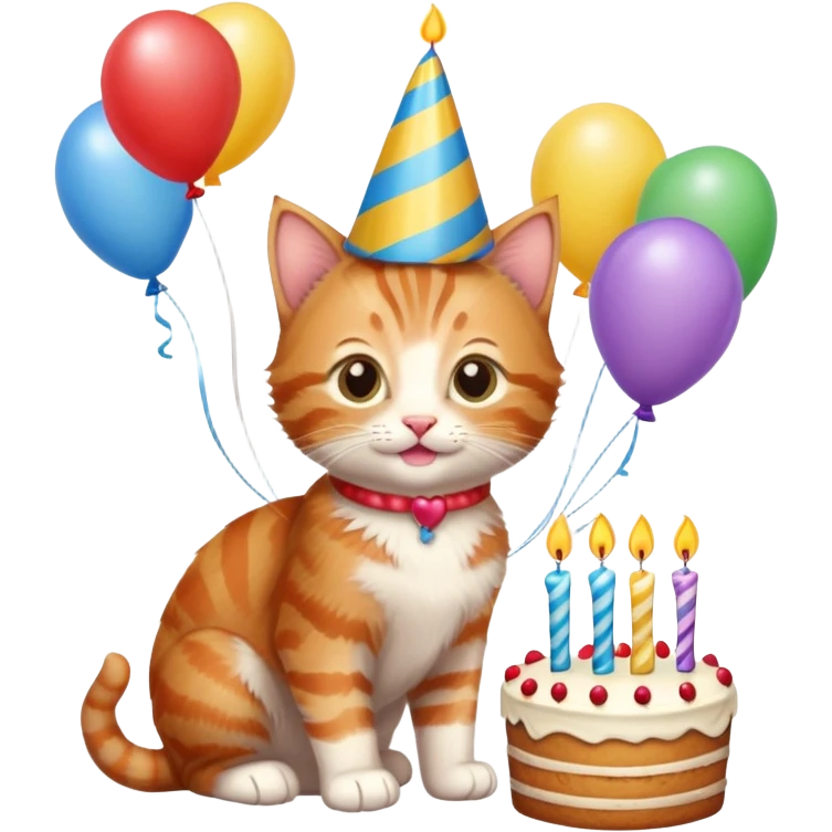 Ginger tabby kitten celebrates birthday, birthday hat, birthday cake, one candle, balloons, happy, gifts emoji