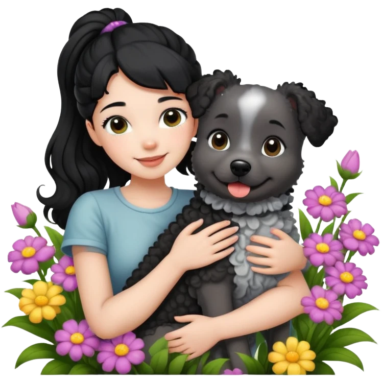 A beautiful girl with black ponytail and wearing short sleeves happily hugs a gray curly dog ​​in the flowers emoji