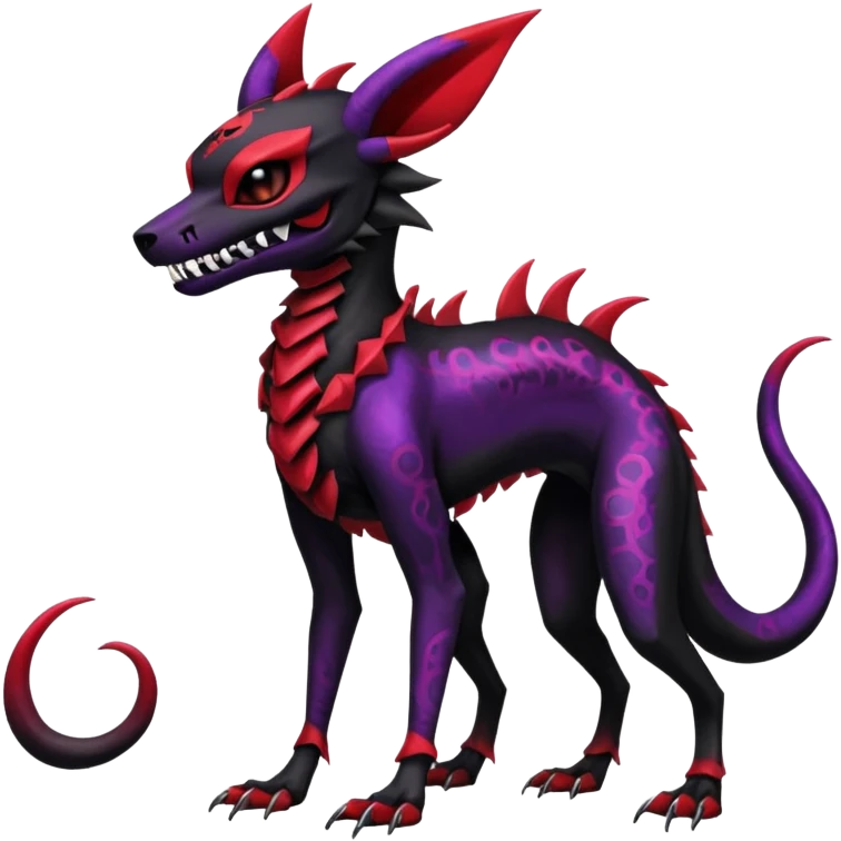 Gothic Black red purple Scaley Exotic Salandit-Umbreon-Noibat-Houndoom-Fakémon-hybrid-creature (full body), 4 legs, skull face mask emoji