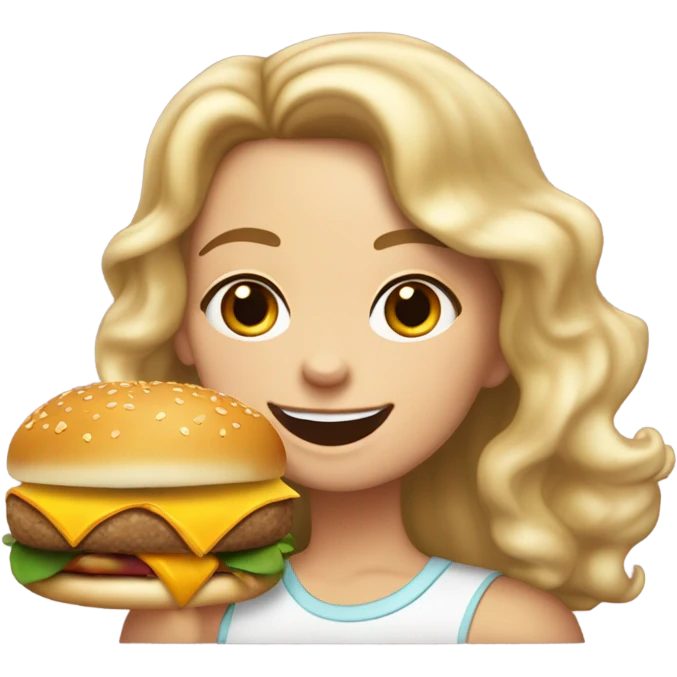 white girl medium length curly hair freckles birth mark on left side of neck eating a cheeseburger and cheesey bread  emoji