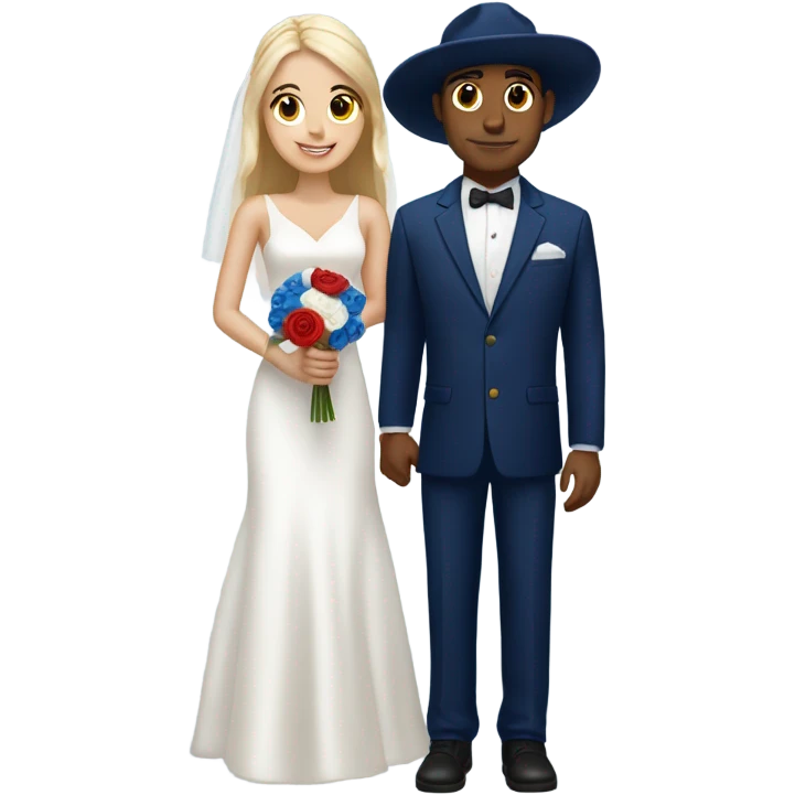 Puerto rican beard short hair with blue hat and navy blue suit getting Married with blond long hair girl with white  wedding dress  emoji