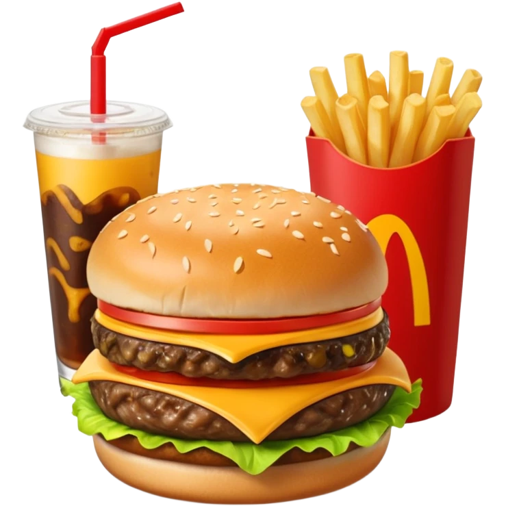 i want a Cheeseburger and Fries with a angle to 15–20° gentle bird’s-eye angle with a cold drink with ice cube with straw with some fries thicker like McDonald's french fries emoji